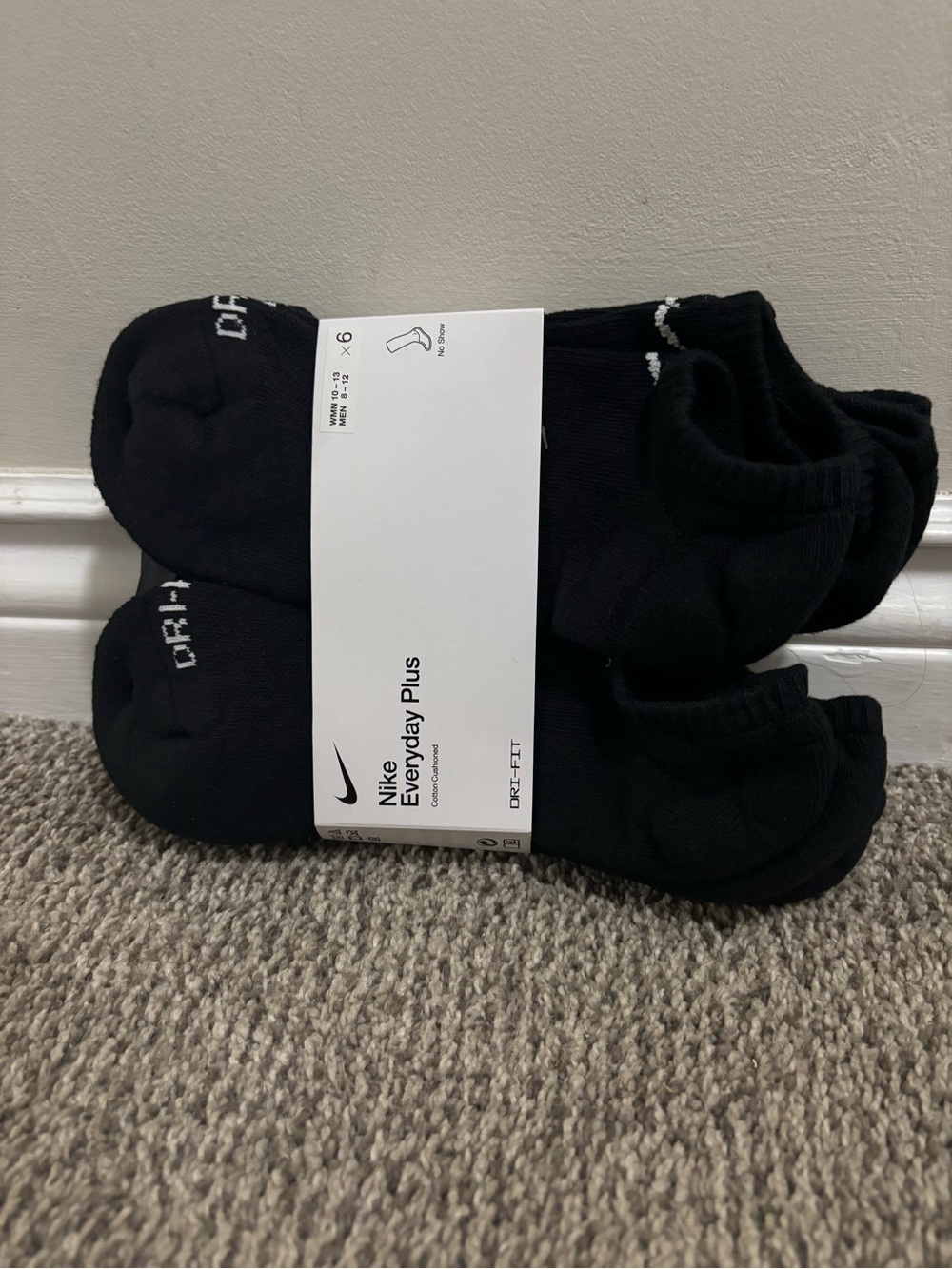 Nike Dri-Fit Black Low-Cut Athletic Socks with White Logo - 6 Pack